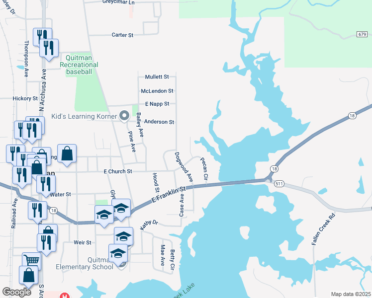 map of restaurants, bars, coffee shops, grocery stores, and more near 212-226 Dogwood Avenue in Quitman