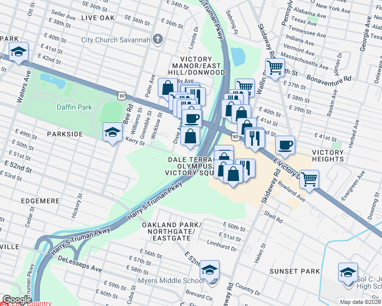 map of restaurants, bars, coffee shops, grocery stores, and more near 2822 Limerick Street in Savannah