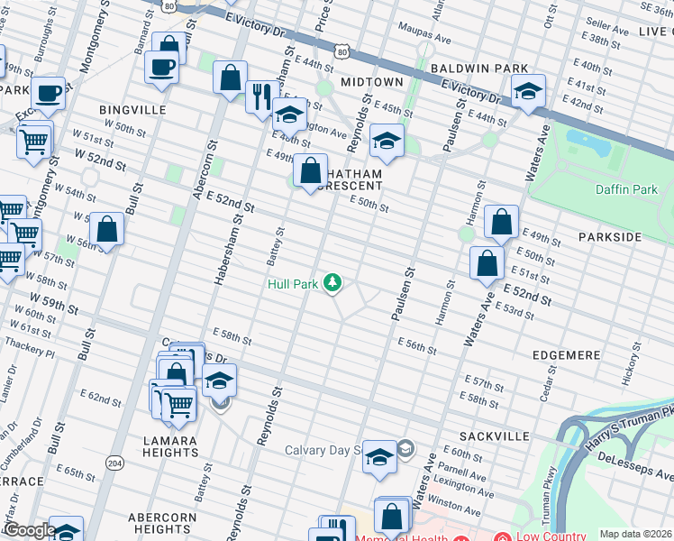 map of restaurants, bars, coffee shops, grocery stores, and more near 418 East 54th Street in Savannah