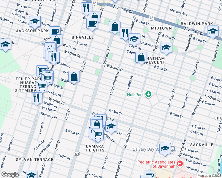 map of restaurants, bars, coffee shops, grocery stores, and more near 204 East 56th Street in Savannah