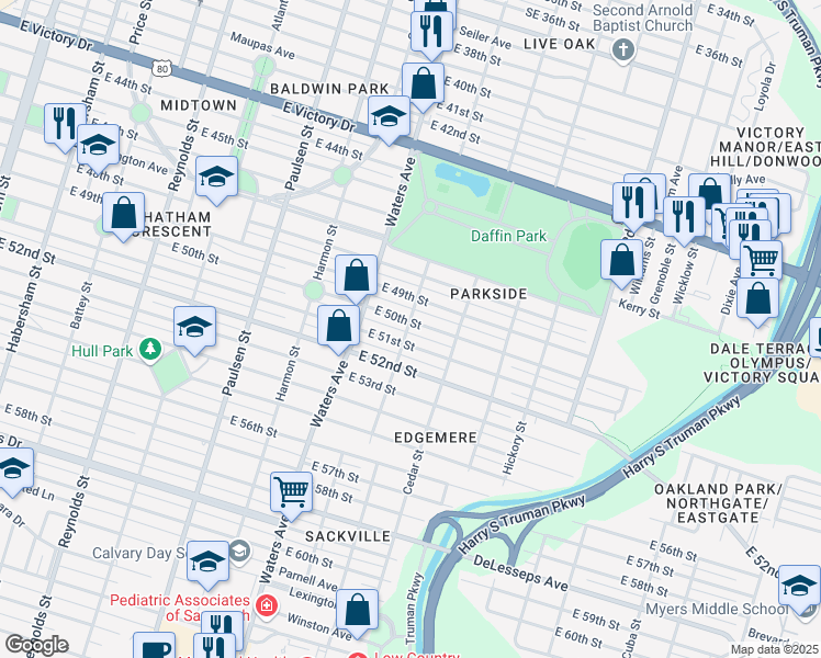 map of restaurants, bars, coffee shops, grocery stores, and more near 1203 East 50th Street in Savannah
