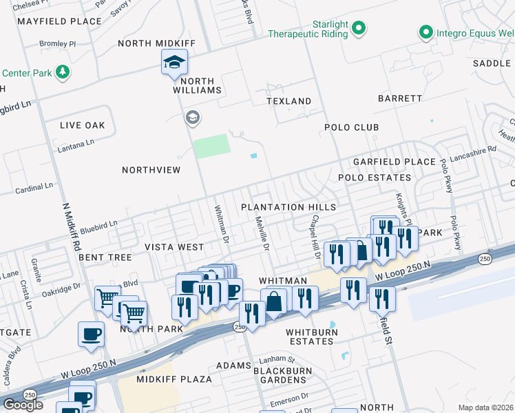 map of restaurants, bars, coffee shops, grocery stores, and more near 2524 Keswick Road in Midland