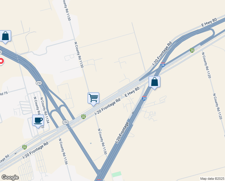 map of restaurants, bars, coffee shops, grocery stores, and more near 6283 East Highway 80 in Midland
