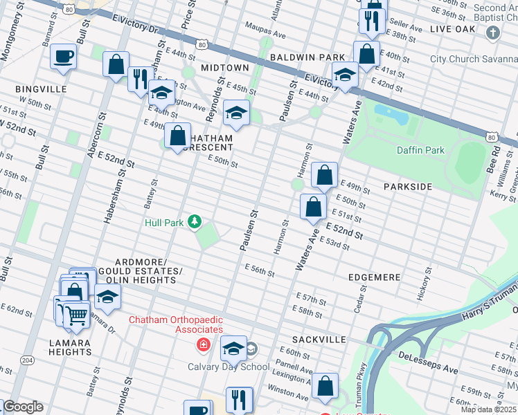 map of restaurants, bars, coffee shops, grocery stores, and more near 605 East 53rd Street in Savannah