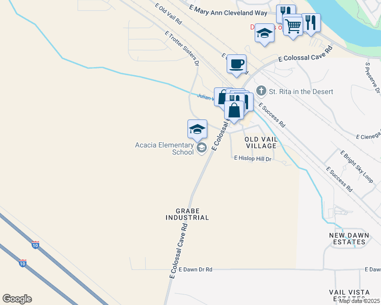 map of restaurants, bars, coffee shops, grocery stores, and more near 12955 East Colossal Cave Road in Vail