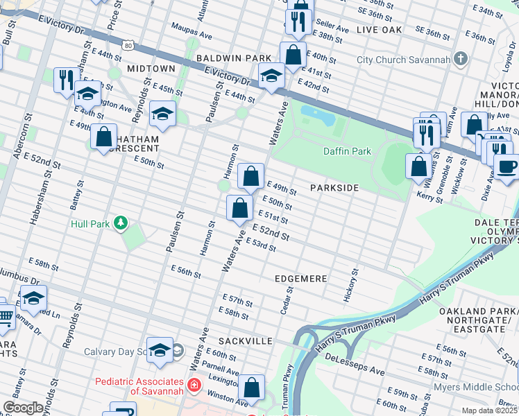 map of restaurants, bars, coffee shops, grocery stores, and more near 1102 East 50th Street in Savannah