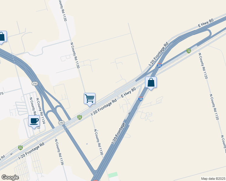 map of restaurants, bars, coffee shops, grocery stores, and more near 6283 East Highway 80 in Midland
