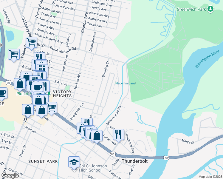 map of restaurants, bars, coffee shops, grocery stores, and more near 353 Laurel Oak Lane in Thunderbolt