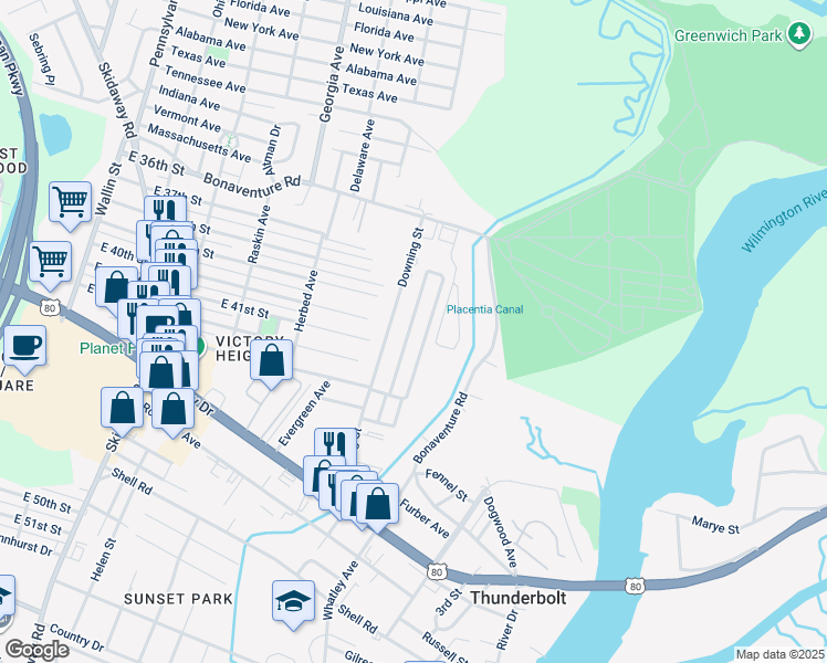 map of restaurants, bars, coffee shops, grocery stores, and more near 2105 Downing Street in Thunderbolt