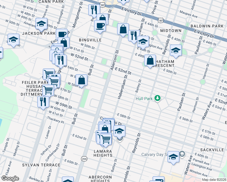 map of restaurants, bars, coffee shops, grocery stores, and more near 115 East 55th Street in Savannah