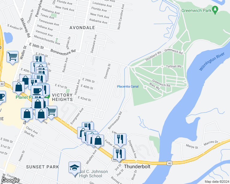 map of restaurants, bars, coffee shops, grocery stores, and more near 368 Laurel Oak Lane in Thunderbolt