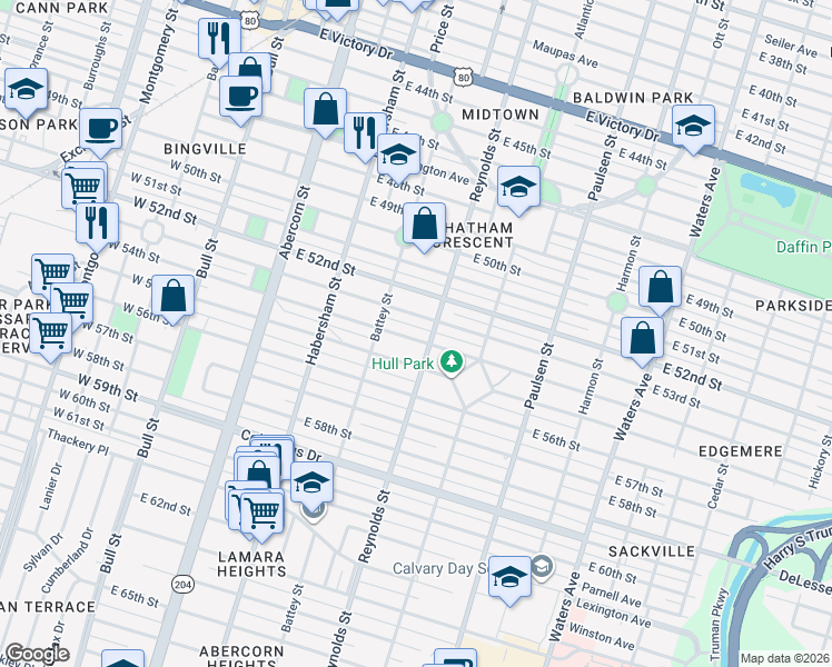map of restaurants, bars, coffee shops, grocery stores, and more near 309 East 53rd Street in Savannah