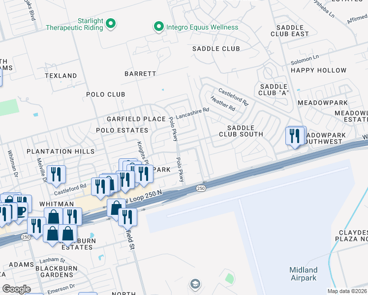 map of restaurants, bars, coffee shops, grocery stores, and more near 1715 Coventry Lane in Midland