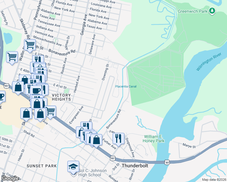 map of restaurants, bars, coffee shops, grocery stores, and more near 364 Laurel Oak Lane in Thunderbolt