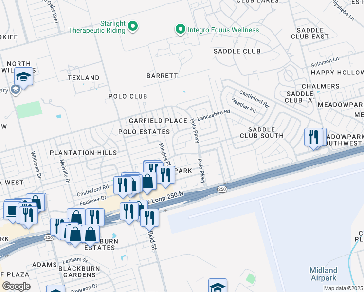 map of restaurants, bars, coffee shops, grocery stores, and more near 1806 Devonshire Court in Midland
