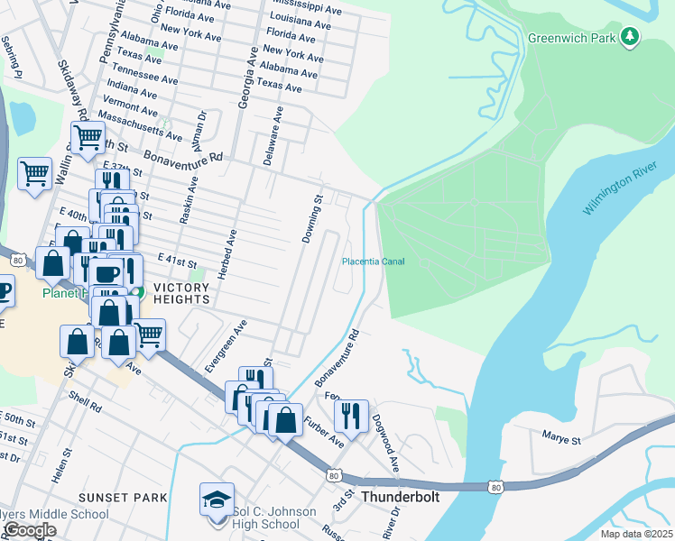 map of restaurants, bars, coffee shops, grocery stores, and more near 357 Laurel Oak Lane in Thunderbolt