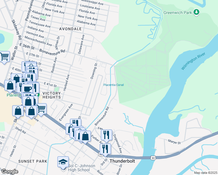 map of restaurants, bars, coffee shops, grocery stores, and more near 321 Laurel Oak Lane in Thunderbolt