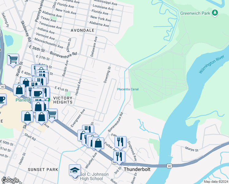 map of restaurants, bars, coffee shops, grocery stores, and more near 321 Laurel Oak Lane in Thunderbolt