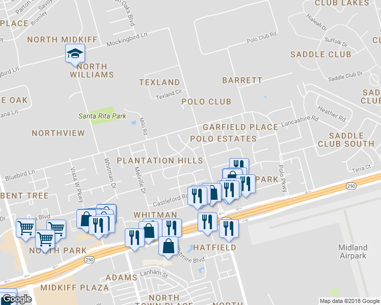 map of restaurants, bars, coffee shops, grocery stores, and more near 4911 Belle Grove Court in Midland