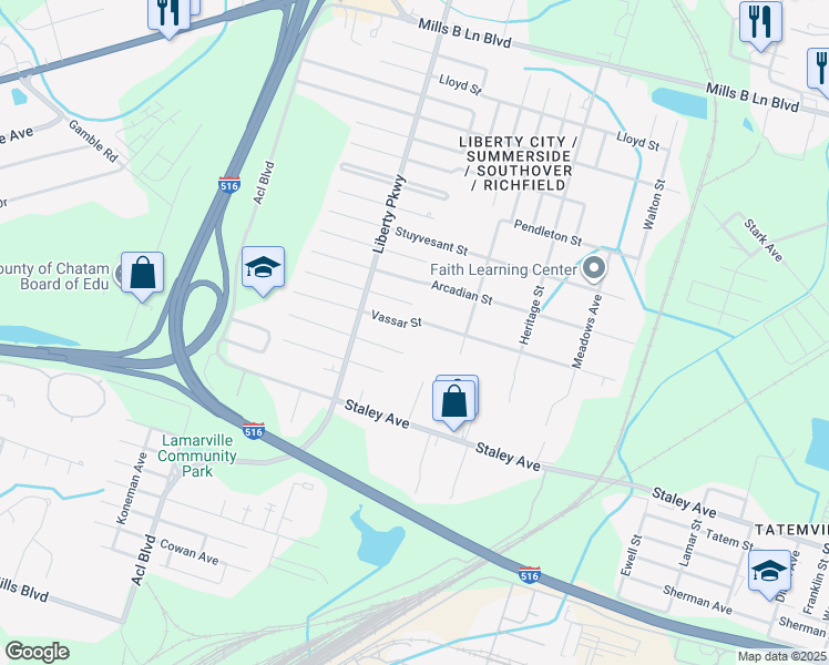 map of restaurants, bars, coffee shops, grocery stores, and more near 1809 Vassar Street in Savannah