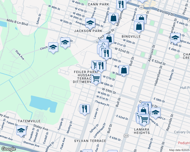 map of restaurants, bars, coffee shops, grocery stores, and more near 4101-4199 Montgomery St in Savannah