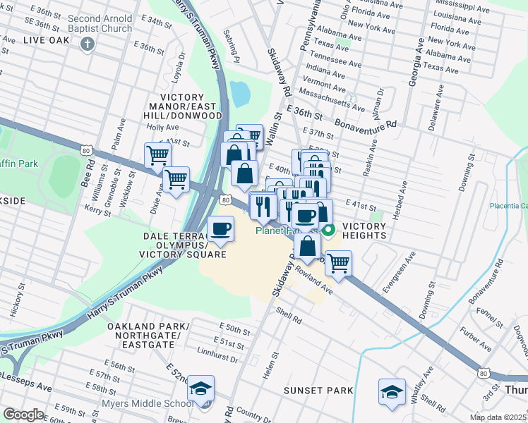 map of restaurants, bars, coffee shops, grocery stores, and more near 2010 East Victory Drive in Savannah