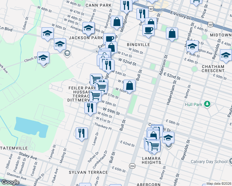 map of restaurants, bars, coffee shops, grocery stores, and more near 100 West 57th Street in Savannah