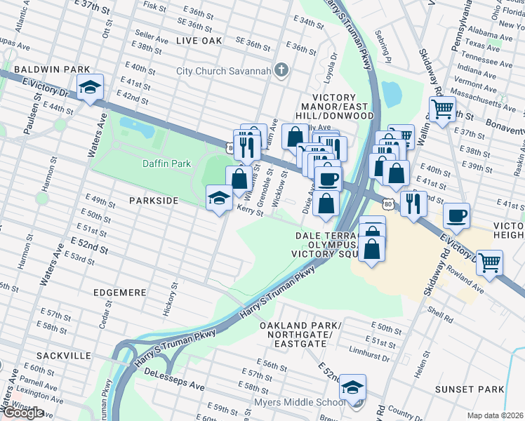 map of restaurants, bars, coffee shops, grocery stores, and more near 2825 Wicklow Street in Savannah
