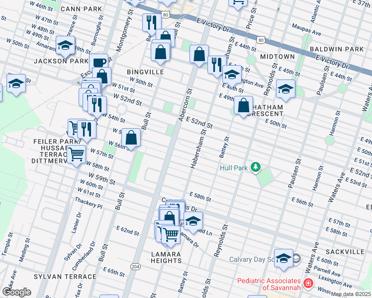 map of restaurants, bars, coffee shops, grocery stores, and more near 114 East 55th Street in Savannah