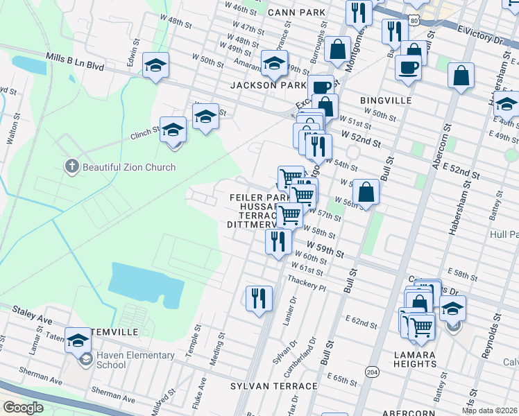 map of restaurants, bars, coffee shops, grocery stores, and more near 4102 Meding Street in Savannah
