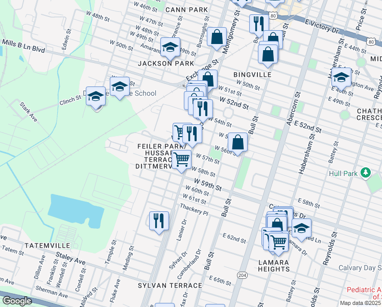 map of restaurants, bars, coffee shops, grocery stores, and more near 4101 Montgomery Street in Savannah