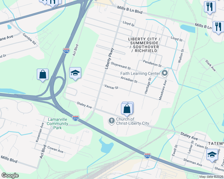 map of restaurants, bars, coffee shops, grocery stores, and more near 1809 Vassar Street in Savannah