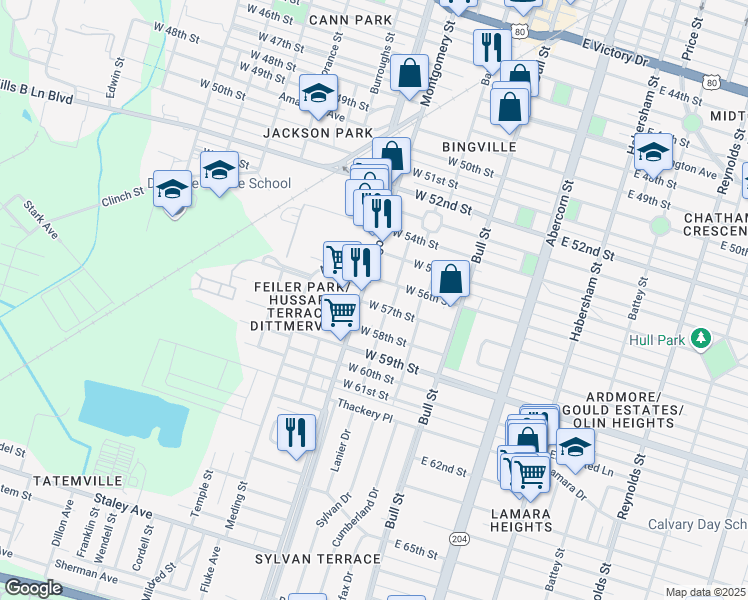 map of restaurants, bars, coffee shops, grocery stores, and more near 210 West 57th Street in Savannah