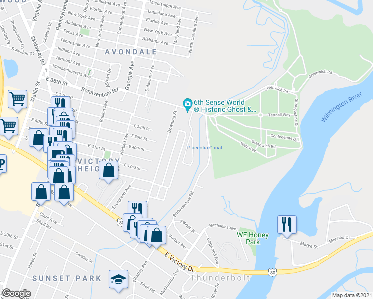 map of restaurants, bars, coffee shops, grocery stores, and more near 321 Laurel Oak Lane in Thunderbolt