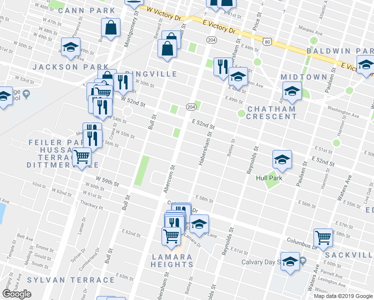 map of restaurants, bars, coffee shops, grocery stores, and more near 114 East 55th Street in Savannah