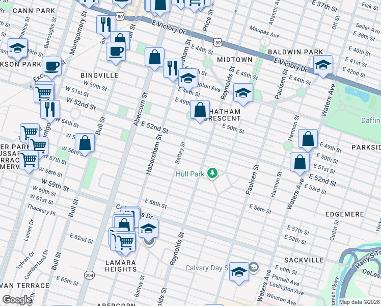 map of restaurants, bars, coffee shops, grocery stores, and more near 309 East 53rd Street in Savannah