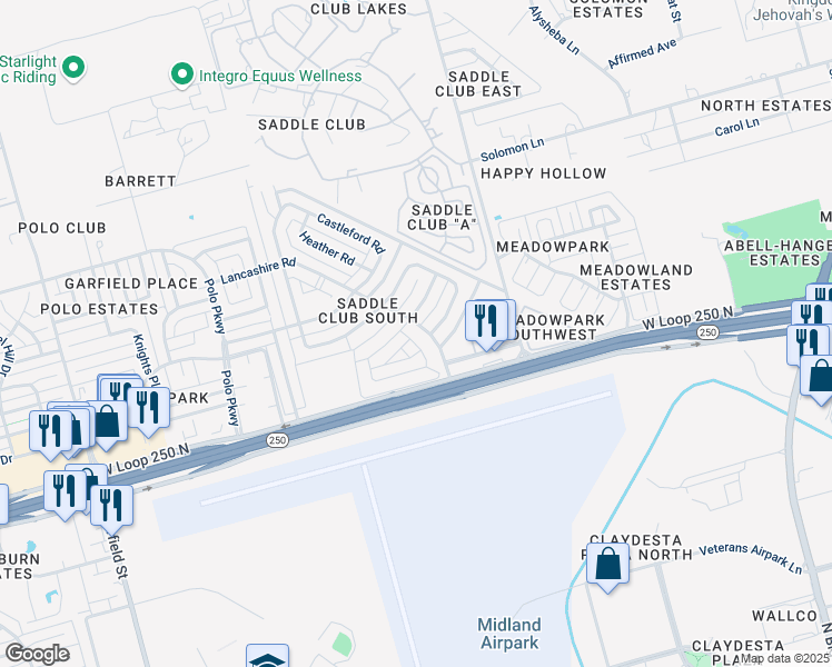 map of restaurants, bars, coffee shops, grocery stores, and more near 1303 Lancashire Road in Midland
