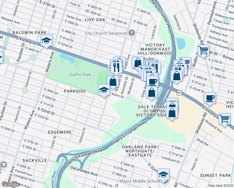 map of restaurants, bars, coffee shops, grocery stores, and more near 3032 Williams Street in Savannah
