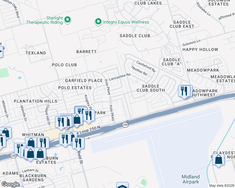 map of restaurants, bars, coffee shops, grocery stores, and more near 1602 Castleford Road in Midland