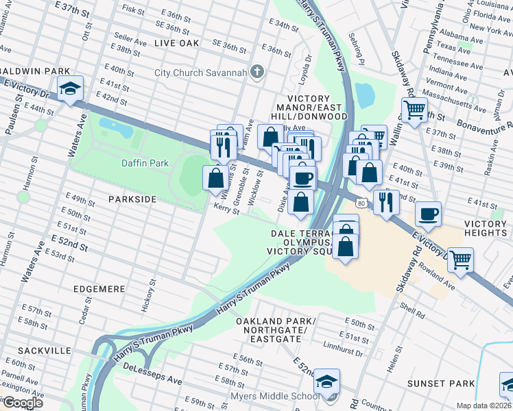 map of restaurants, bars, coffee shops, grocery stores, and more near 2840 Wicklow Street in Savannah