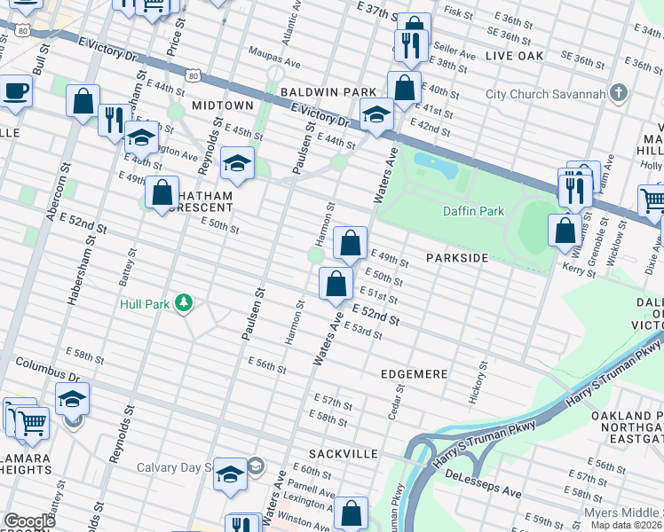 map of restaurants, bars, coffee shops, grocery stores, and more near 717 East 50th Street in Savannah