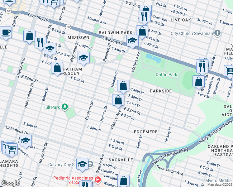 map of restaurants, bars, coffee shops, grocery stores, and more near 717 East 50th Street in Savannah