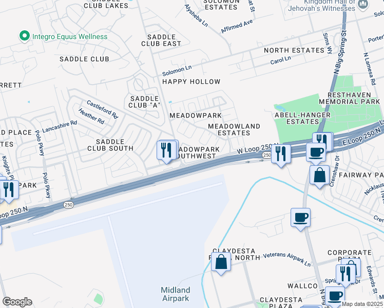 map of restaurants, bars, coffee shops, grocery stores, and more near 5100 N A St in Midland