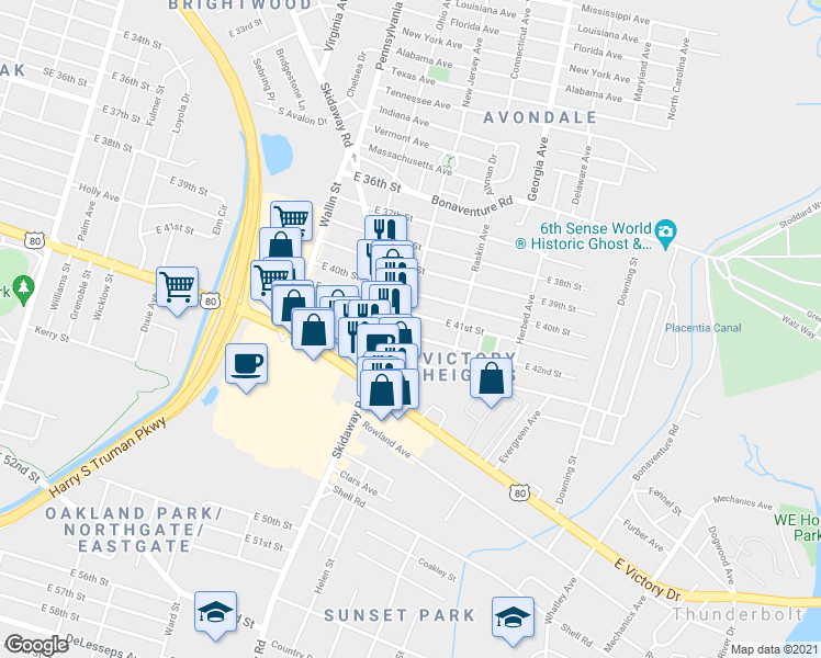map of restaurants, bars, coffee shops, grocery stores, and more near 2510 Skidaway Road in Savannah