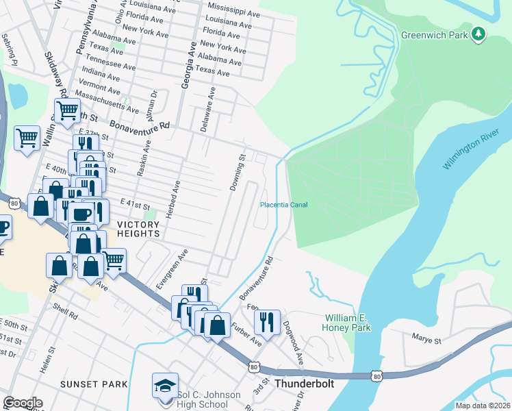 map of restaurants, bars, coffee shops, grocery stores, and more near 321 Laurel Oak Lane in Thunderbolt