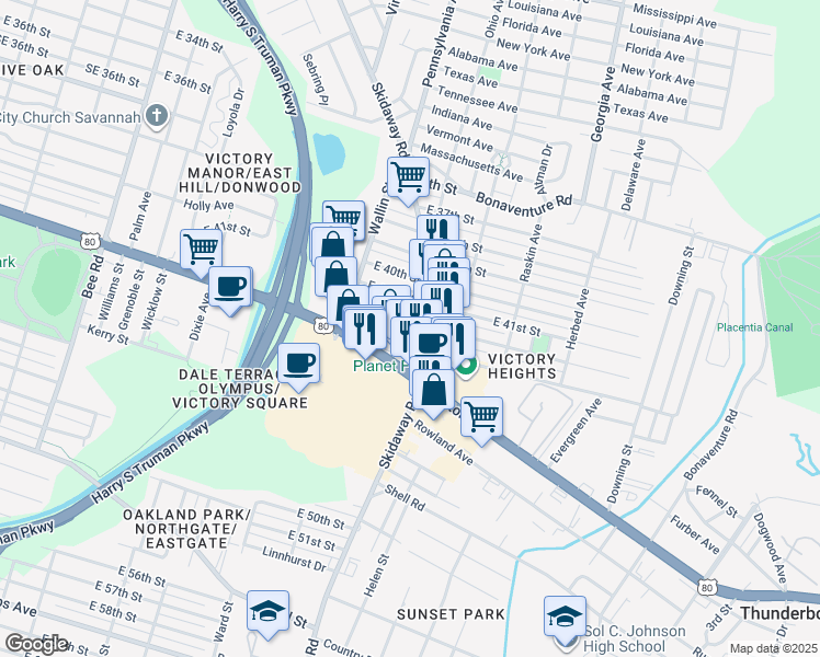 map of restaurants, bars, coffee shops, grocery stores, and more near 2045 East 42nd Street in Savannah