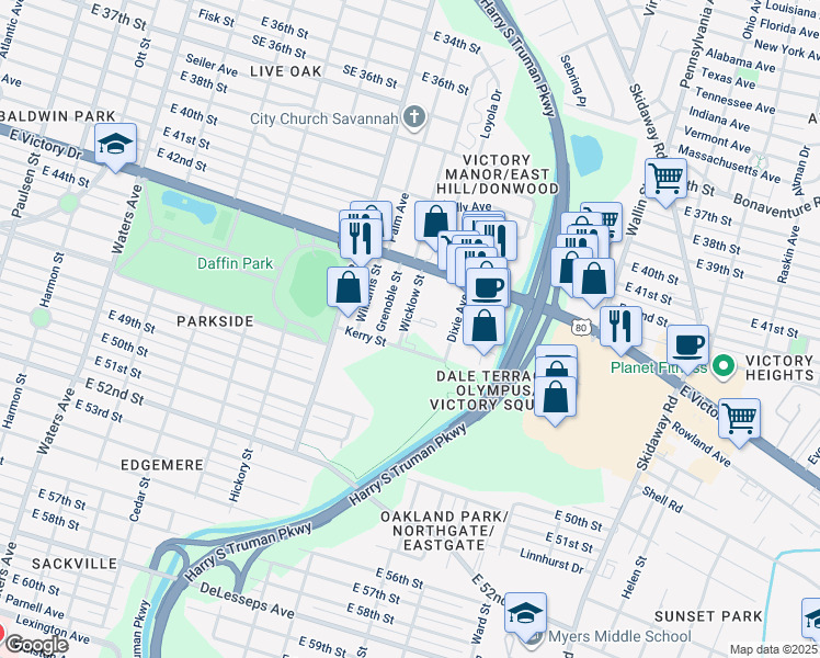 map of restaurants, bars, coffee shops, grocery stores, and more near 2840 Wicklow Street in Savannah