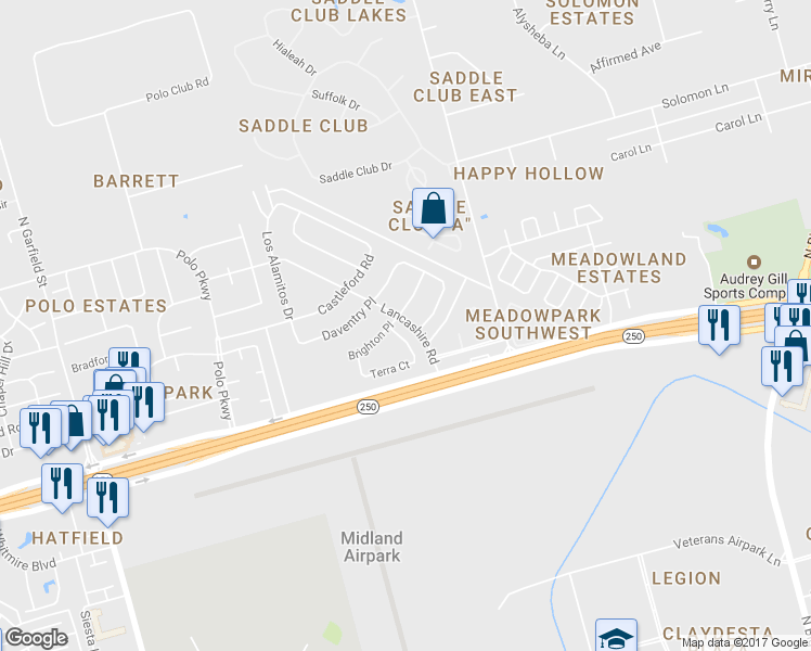 map of restaurants, bars, coffee shops, grocery stores, and more near 1303 Lancashire Road in Midland