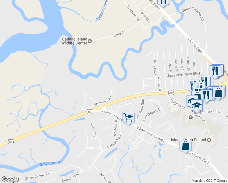 map of restaurants, bars, coffee shops, grocery stores, and more near 89 Shipwatch Road in Savannah