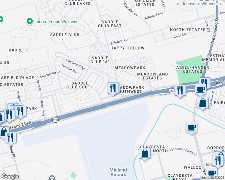 map of restaurants, bars, coffee shops, grocery stores, and more near 5101 North A Street in Midland